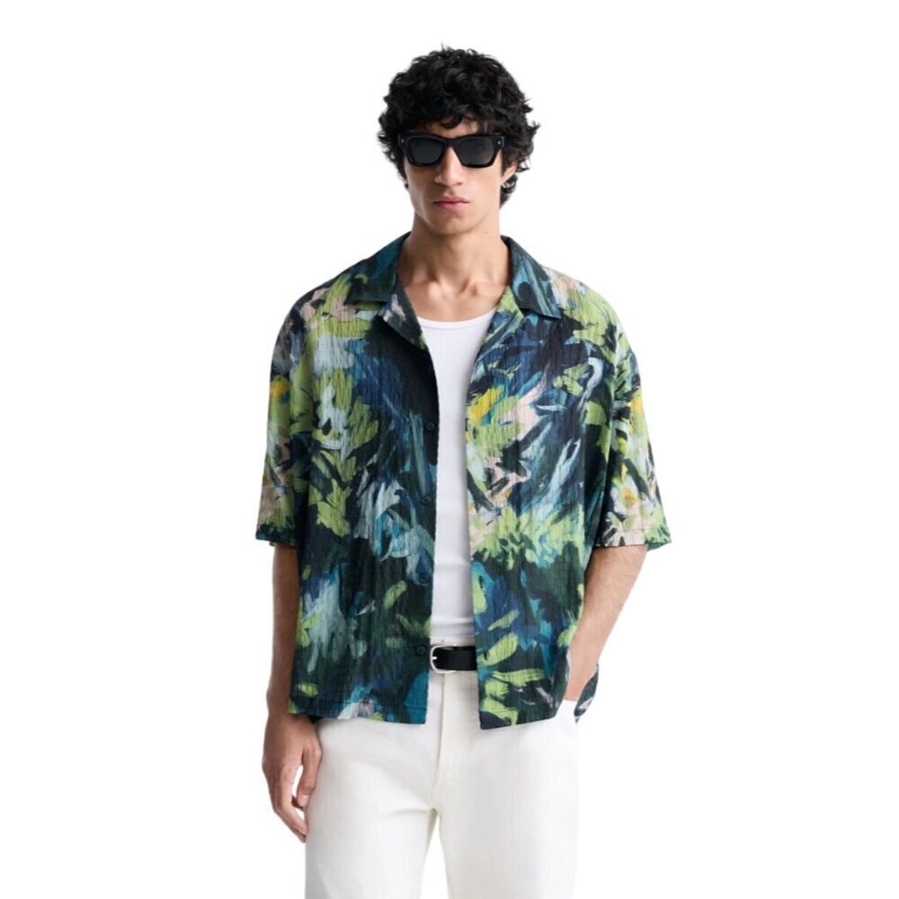 Zara Mens Shirt NWT Short Sleeve Tropical Hawaiian Blue Size L Button Down Palm
